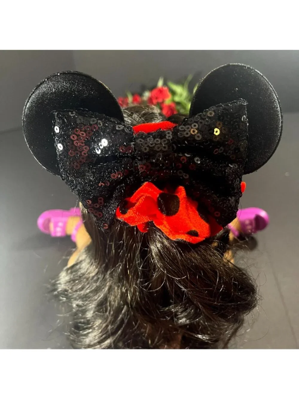 Minnie Mouse Hair Scrunchies Polka Dot Hair Rubber Band Velvet Ears Sequins
